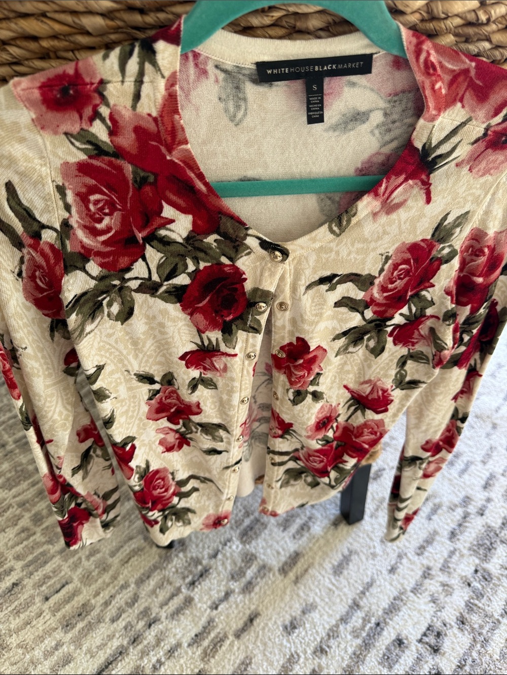White House Black Market Cream Cardigan with Red Rose Print